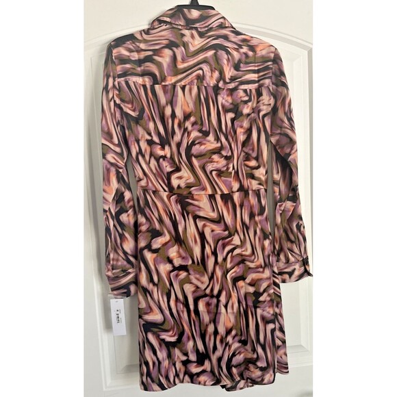 Donna Morgan Women's Satin Wavy Printed Tie-Waist Shirtdress Black Multi 2 - Picture 8 of 9